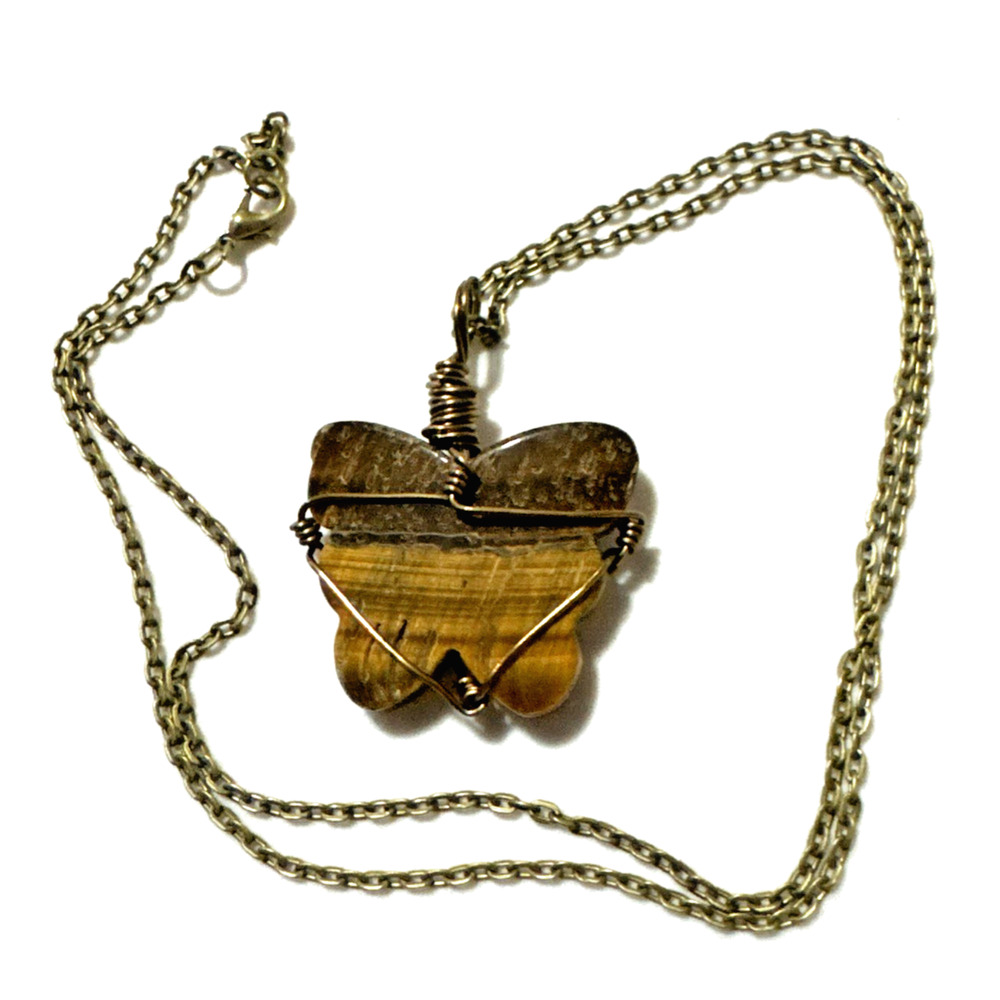 Tiger's Eye Butterfly Necklace Jewelry Bling Bronze Chain Genuine Stone Handmade